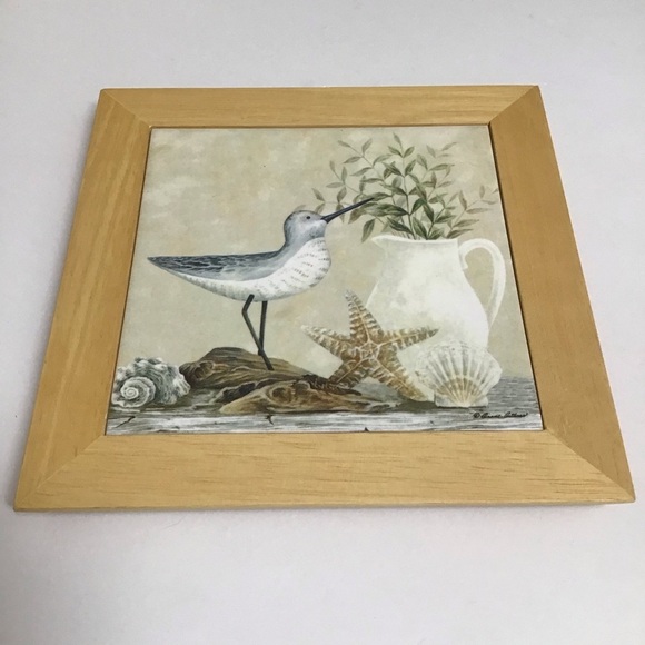 Vintage Diane Arthurs Framed Ceramic Tile Trivet Sandpiper Shells 8x8” Wall Art - Picture 13 of 14